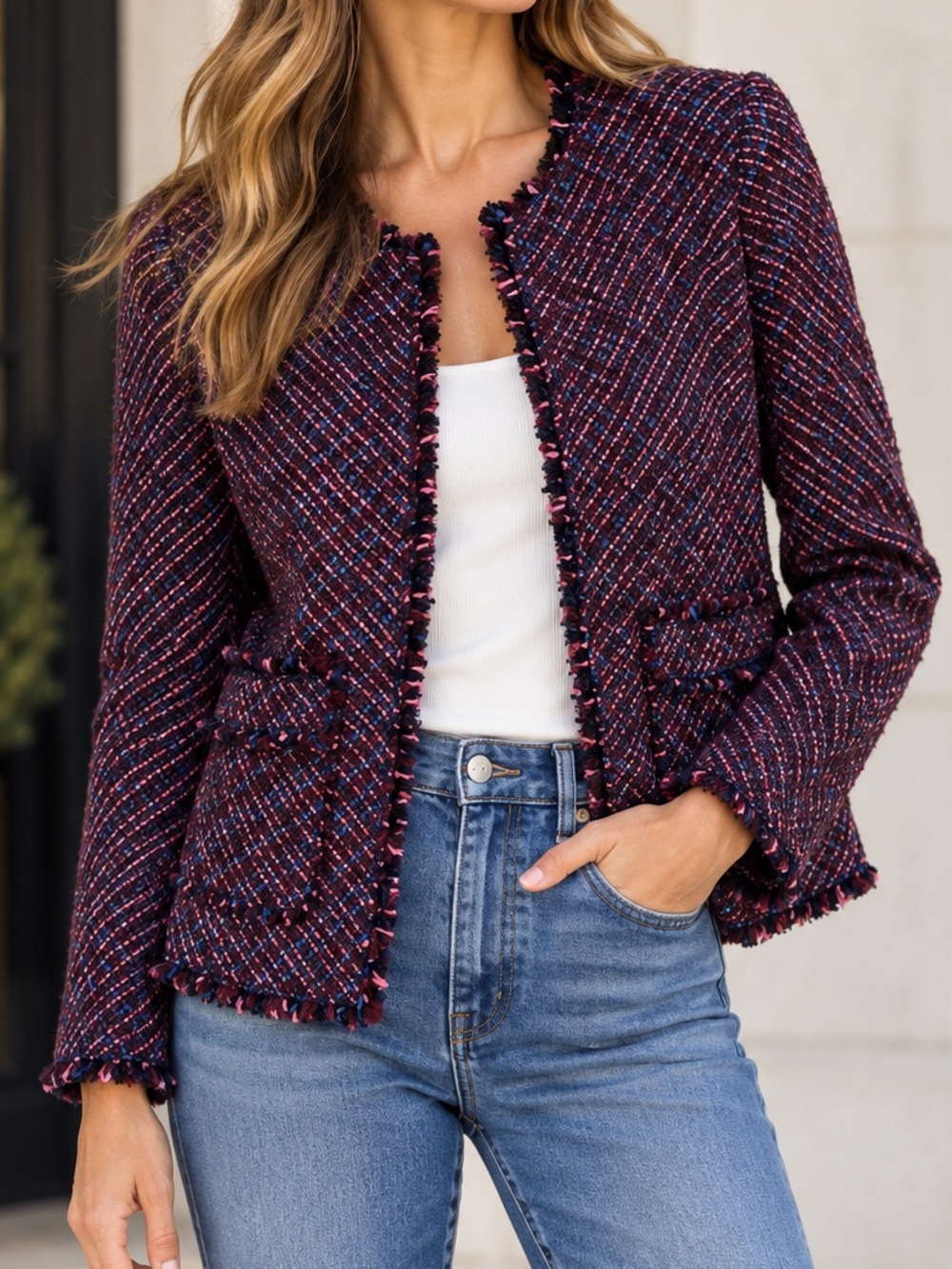 Rebecca Taylor Navy Pink Tweed Fringe Collarless Jacket Blazer